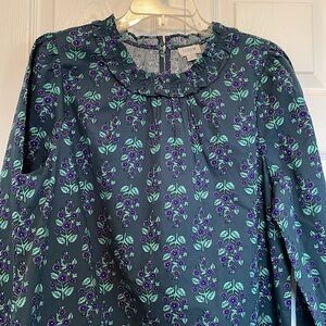 NWT J Crew L floral tunic top teal w purple flowers ruffle crew neck long sleeve